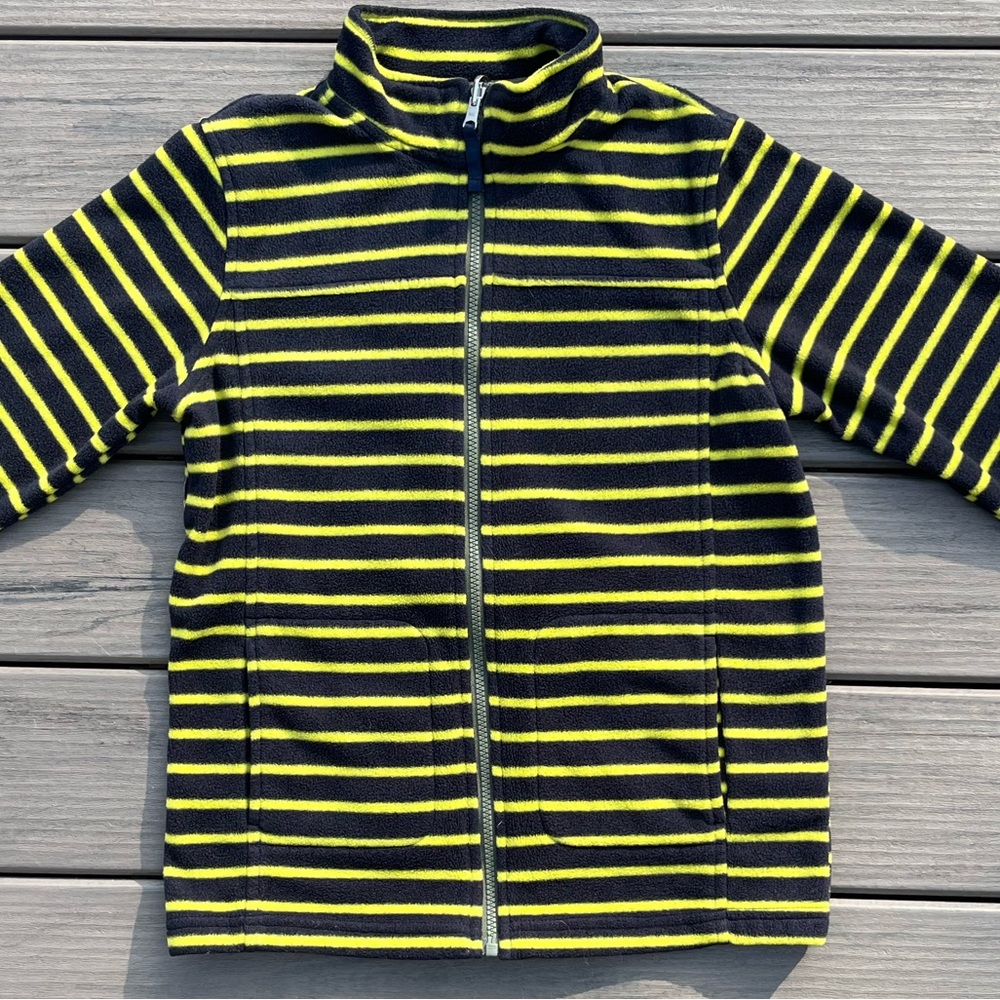 Lands' End; Black&Neon Yellow/Green Striped; Zip Up; Mock Neck Jacket; M (10-12)